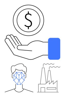 Uzatılmış elin üzerinde dolar sikke, dijital ızgarayla yüz yüze, bacalı fabrika. Finans, kimlik doğrulama, teknoloji, endüstri, yapay zeka uygulamaları ve sürdürülebilirlik için ideal. Düz