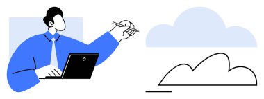 Dizüstü bilgisayarda çalışan, bir buluta doğru hareket eden, yeniliği, beyin fırtınasını, teknolojiyi, bağlantıyı, dijital fikirleri, üretkenlik tasarımı planlamasını sembolize eden kişi. Yaratıcılık için ideal takım çalışması