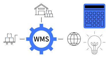 Merkezi dişli WMS etiketli ambar, kutular, küre, ampul ve hesap makinesi ile el arabası birbirine bağlar. Lojistik, envanter, tedarik zinciri, yenilik küresel ticaret ve düz alanda üretkenlik için ideal