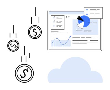 Bozuk paralar düşüyor, veri tabloları analitik ve veri entegrasyonu için bulut elementleriyle ekranda. Mali yönetim, gelir artışı, bulut hesaplama, iş stratejisi, veri içgörüleri için ideal