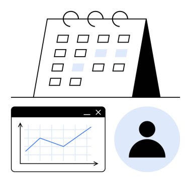 Vurgulanmış tarihli takvim, bir pencerede analitik grafik ve kullanıcı profili simgesi. Program, planlama, analiz, zaman yönetimi, üretkenlik organizasyonu ve iş akışı için ideal. Düz basit
