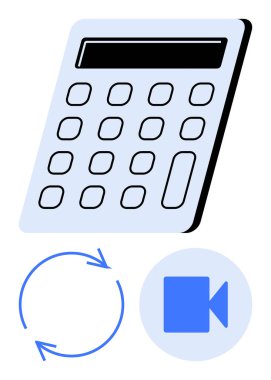 Sayısal tuş takımlı hesap makinesi, işlem tekrarları için dairesel oklar ve bir video kamera simgesi. Finans, eğitim, teknoloji, üretkenlik, yenilik iletişim stratejisi için idealdir. Düz