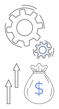 Yükselen oklarla para çantasının üzerinde dönen büyük ve küçük vitesler finansal büyümeyi, verimliliği ve takım çalışmasını simgeliyor. İlerleme, yenilik, yatırım, ekonomi ve başarı stratejisi için ideal