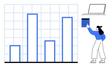 Bir kadın, veri analizine odaklanarak, bir bar çizelgesi ve dizüstü bilgisayarın yanında hesap makinesiyle etkileşime geçiyor. Finans, analitik, iş stratejisi, büyüme, üretkenlik, planlama ve eğitim için ideal. Düz basit