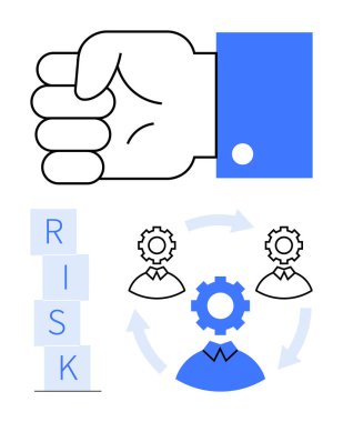 Kontrolü temsil eden yumruk, meydan okumalar için risk blokları, takım çalışması ve stratejileri için siluetleri olan dişliler. Risk, kontrol, problem çözme, yönetim, takım çalışması, soyut liderlik için ideal