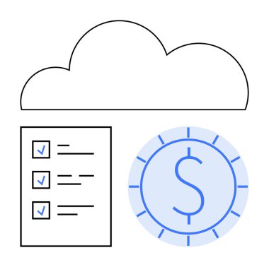 Tamamlanmış görevleri ve dairesel dolar simgesini içeren bir kontrol listesi olan bir bulut. Finans, bulut hesaplama, üretkenlik, iş stratejisi, bütçe, dijital dönüşüm, uzaktan çalışma için ideal