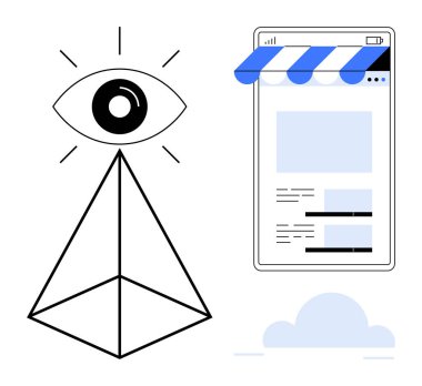 Bir piramit ve göz sembolünün yanında vitrin güneşliği ile dijital mağaza arayüzü. E-ticaret, vizyon, farkındalık, veri analizi, markalaşma, yaratıcılık, odaklanma, düz basit metafor için ideal