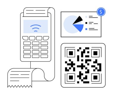 Faturalı ödeme makinesi, QR kodu ve finansal verileri gösteren çizelge. Ödeme işlemleri, mali raporlar, analitik, teknoloji, e-ticaret perakende fintech için ideal. Düz basit metafor