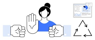 İki yumruk arasında durmak için elini kaldıran kadın çatışma çözümünü simgeler. Geri dönüşüm üçgeni ve iş analizi ekranı takım çalışması, sürdürülebilirlik ve verimliliği vurgular. Çatışma için ideal