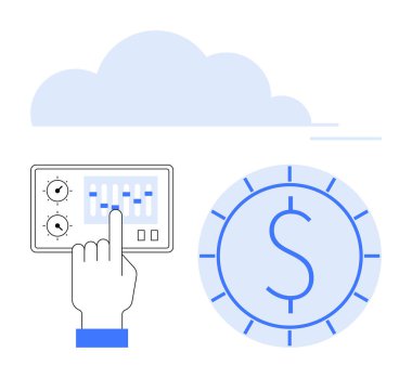 El kontrol paneliyle etkileşime giriyor, sürgüleri ayarlıyor, bulut ve para birimi sembolünün yanında. Finans, teknoloji, bulut hesaplama, optimizasyon, finansman verimliliği için ideal. Düz basit
