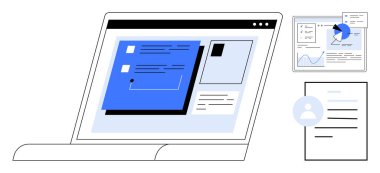 Laptop ekranı metin kutuları, grafikler ve profil verileri ile ilgili bir arayüz gösteriyor. İş analizi, veri eğilimleri, kurumsal web siteleri, UI kavramları, kullanıcı profilleri, iş yönetimi için ideal