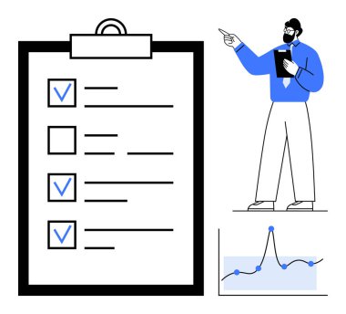 Tamamlanmış görevleri olan büyük bir kontrol listesi, bir pano ile görüşleri sunan bir adam ve trendleri vurgulayan bir grafik. Planlama, yönetim, sunum, analiz, üretkenlik, strateji dairesi için ideal