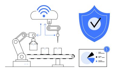 Montaj hattında otomatik robot kolu bulut sunucusuna bağlı, güvenlik işaretli kalkan ve görüş için analitik torpido gözü. Otomasyon, teknoloji, güvenlik, verimlilik için ideal