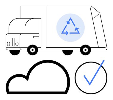 Çevresel bakım, atık yönetimi ve sürdürülebilirliği temsil eden eko sembollü, bulutlu ve işaretli geri dönüşüm kamyonu. Ekoloji, geri dönüşüm, yenilik, yeşil teknoloji ekolojik lojistik için ideal