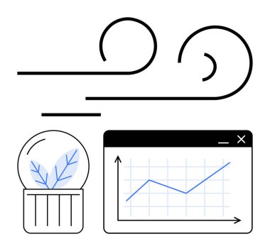 Rüzgar akımları, kavanozdaki bitki ve grafikte yükselen veri eğilimi sürdürülebilirliği, büyümeyi ve analitiği vurgular. Çevre, veri, yenilikçi ekoloji iş gelişimi araştırmaları için idealdir. Düz