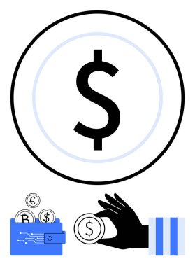 Merkezi odak noktasında dolar sembolü, para birimli dijital cüzdan ve bozuk para tutan bir el. Finans, tasarruf, yatırım, ekonomi, bankacılık e-ticaret ve ödeme kavramları için ideal. Temsilciler
