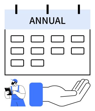 Yıllık takvim, sıralı tarihler, destekleyici eller, ve tablet kullanan işçiler, planlama, yardım ve organizasyonu vurguluyorlar. Zaman yönetimi, takım çalışması ve destek sistemleri programları için ideal