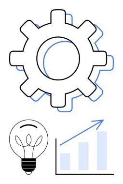 Dişlileri sembolize eden süreç, fikirleri sembolize eden ampul ve gelişim için yükselen grafik. Yenilik, strateji, büyüme, verimlilik, iş planlama verimliliği yaratıcılığı için idealdir. Düz basit metafor