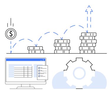 Yükselen oklarla, bilgisayar ekranında veri ve dişli mekanizmasıyla paraların sayısı artıyor. Ticari büyüme, finans, yatırım, strateji, yenilik ve teknoloji dairesi için ideal