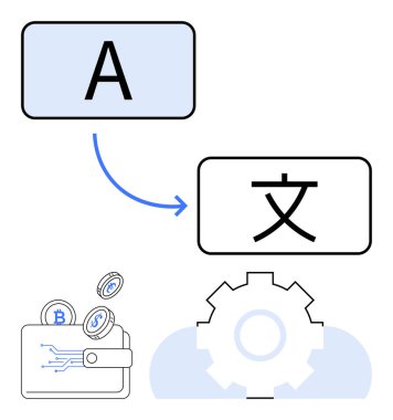 Otomasyon teçhizatı ve bulut tarafından desteklenen A ile çeviri. Şifreli dijital cüzdanı var. Küreselleşme için ideal, fintech, yapay zeka, iletişim, iş, otomasyon, düz basit