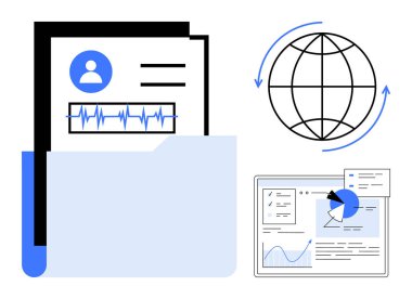 Belgeler, pasta grafiği, küresel bağlantı ikonu, veri görselleştirmeleri ve analitiği olan klasör. Veri yönetimi, küresel bağlantı, sağlık kayıtları, teknoloji sektörü araştırmaları için ideal
