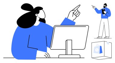 Bilgisayarın başında çalışan bir kadın, pano ile hareket eden kendine güvenen bir adamı işaret ederek yardım teklif ediyor. Takım çalışması, eğitim, iletişim, liderlik, problem çözme, işbirliği, daire