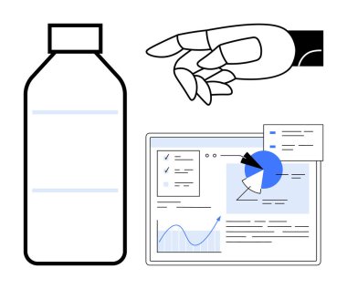 Robotik el dijital ekrana grafikler ve çizelgelerle bakıyor, minimalist şişe tasarımının yanında. Teknoloji, yapay zeka, veri analizi, robot bilimi, sürdürülebilirlik, geleceksel tasarım, basit