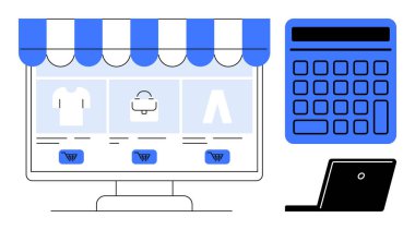 Çevrimiçi mağaza arayüzü çizgili güneşlik, hesap makinesi ve dijital alışveriş, bütçe ve e-ticareti vurgulayan dizüstü bilgisayar altında. Perakende, finans, teknoloji ve küçük işletme verimliliği için ideal