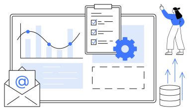 E- posta bildirimi, veri tablosu, kontrol listesi panosu, dişli dişli çark, veritabanı, işaret eden kişi. Üretkenlik, analitik, proje yönetimi takım çalışması işbirliği veri içgörüsü stratejisi için ideal