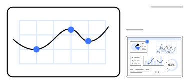 Veri noktalarının yükselip alçaldığı çizgi grafiği, grafik ve diyagramları gösteren analitik gösterge paneli. Analiz, finans, araştırma, istatistik, performans, tahmin iletişimi için ideal. Düz