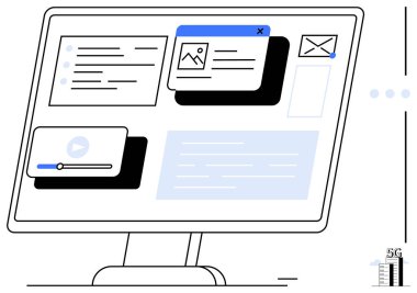 Masaüstü monitörü e- posta, resim, video, metin içeriği ve grafiklerle çoklu görev arayüzü görüntülüyor. Teknoloji, işbirliği, iletişim, iş dijital bağlantı verimliliği için ideal