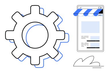 Çevrimiçi bir mağaza arayüzü yanında vites optimizasyonu sembolize eder. Teknoloji, e-ticaret, iş çözümleri, otomasyon, strateji, yenilik, dijital dönüşüm için ideal. Düz