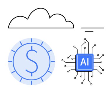 Bulut, yapay zeka mikroçip, dolar parası. Teknoloji, finans, yapay zeka, fintech, dijital dönüşüm veri bilimi ve bulut tabanlı sistemler için idealdir. Düz basit metafor