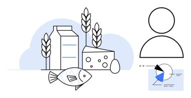 Süt kutusu, peynir dilimi, yumurta, balık, buğday sapı, insan dış hatları, veri pasta grafiği ve diyagram. Beslenme, beslenme, beslenme, beslenme, gıda, sağlık ve yaşam tarzı için ideal. Düz basit metafor