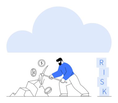 Madenci madeni para, avro, üzerinde bulut olan kayalardan yarım kilo alıyor ve yakınındaki blokları işaretleme riskine giriyor. Finans, yatırım, kripto para birimi, risk yönetimi, strateji ve ekonomi için ideal