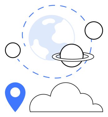 Dünya yörüngede dönen gezegenler, halkalı bir gezegen, konum işareti ve bulut sembolü ile çevrili. Uzay keşfi için ideal, küresel bağlantı, astronomi, navigasyon, yenilik eğitimi için basit