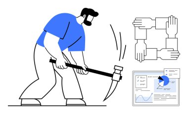 Kazmalı adam sıkı çalışmayı, takım çalışması için birbirine kenetlenmiş elleri ve veri analizi için dijital çizelgeleri simgeliyor. İş yeri kültürü, üretkenlik, işbirliği, sıkı çalışma ve analitik için ideal