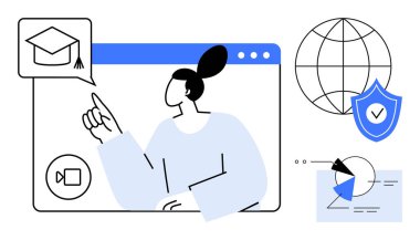 Mezuniyet başlığı ikonu, dünya, güvenlik kalkanı ve çizelgeleri olan bir ekranda sanal eğitim alan bir kadın. E-öğrenim, veri güvenliği, webinarlar, bilgi paylaşımı, küresel erişim için ideal
