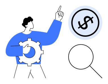 Yanında bir büyüteçle birlikte bir dolar işaretini gösteren bir vites tutan kişi. Finansal planlama, strateji, iş büyümesi, yenilik, problem çözme, yatırım, düz basit