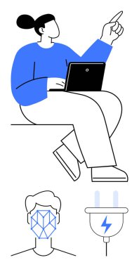 Dizüstü bilgisayarları tutan kişi, fikirleri ve yenilikleri sembolize eder. Simgeler yüz tanımayı, elektrik enerjisini ve bağlantıyı temsil ediyor. Teknoloji, yapay zeka, enerji ve eğitim için ideal