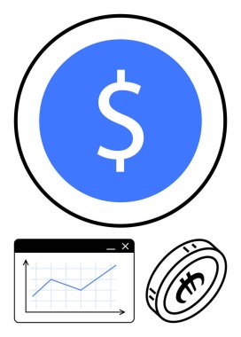 Mavi çemberdeki dolar işareti, yükselen eğilimi gösteren grafik ve dijital para. Finans, yatırım, kripto para birimi, engelleme zinciri, ticaret teknolojisi iş başarısı için idealdir. Düz basit metafor