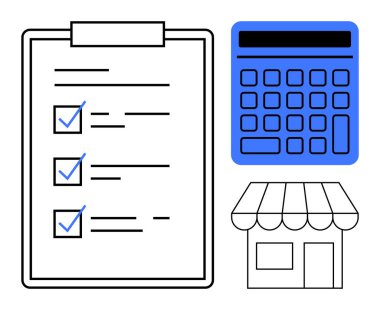 İşaretli görevleri olan kontrol listesi, dijital hesap makinesi ve küçük bir dükkan cephesi. Ticari planlama, yönetim, organizasyon, muhasebe, envanter perakende stratejisi ve girişimcilik için ideal. Düz