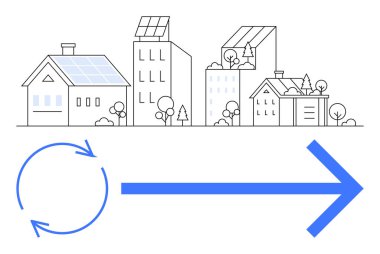 Güneş panelleri, ağaçları olan binalar ve ok ve dairesel döngü ile birbirine bağlı çevre dostu özellikler. Yenilenebilir enerji, sürdürülebilirlik, eko-konut, yeşil teknoloji, enerji verimliliği için ideal