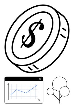 Dolar sembollü sikke, yükselen trend grafiği ve büyüme, ilerleme ve finansal refahı vurgulayan balonlarla eşleştirildi. Finans, yatırım, iş, büyüme stratejileri ve veri analizi için ideal