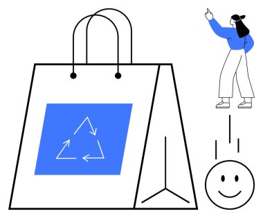 Geri dönüşüm sembollü çevre dostu çanta, gülen yüz ve sürdürülebilirliği destekleyen bir kadın. Çevre yaşam tarzı, yeşil işletme, tüketici farkındalığı, geri dönüşüm, sürdürülebilirlik, etik