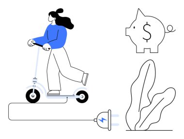 Elektrikli scooterlı bir kadın, bir fişe bağlı, kumbaranın yanında ve soyut bitkinin yanında. Çevreye duyarlı yaşam, yenilenebilir enerji, kişisel finans, ulaşım, sürdürülebilirlik, tasarruf için ideal
