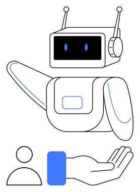 Robot, yardım istermiş gibi el hareketleriyle hareket ediyor. Yanında insan ikonu var. Teknoloji, yapay zeka, işbirliği, otomasyon, müşteri desteği, yenilikçi takım çalışması için ideal. Düz basit metafor