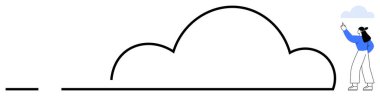 Minimalist bulut şeklindeki elementi işaret eden kadın, yaratıcılık, teknoloji, veri depolama, yenilik, ilham, bağlantı ve işbirliğini ifade ediyor. Düz basit metafor için ideal