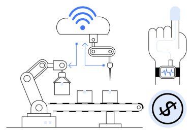 IoT bulutu ile kablosuz sinyaller, giyilebilir sağlık cihazları ve dolar takibi ile etkileşime geçen taşıyıcı kollar. Sektör 4.0, otomasyon, IOT, lojistik, sağlık teknolojisi, yenilik dairesi için ideal