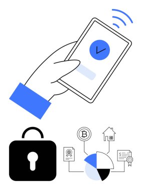 Onaylama işaretli akıllı telefon, kablosuz sinyal, kilit simgesi ve veri tablosu. Siber güvenlik, mobil ödeme, engelleme zinciri, çevrimiçi koruma, finans denetimi için ideal